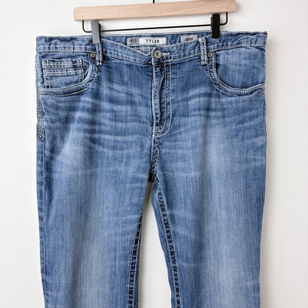 BKE Buckle‎ Tyler Straight Distressed Denim Jeans Mens 40S Blue Thick Stitch Y2K - Picture 4 of 14